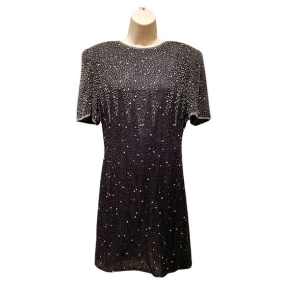 Laurence Kazar Black Sequins Silk Beaded Dress Size Medium Petite - Picture 2 of 12